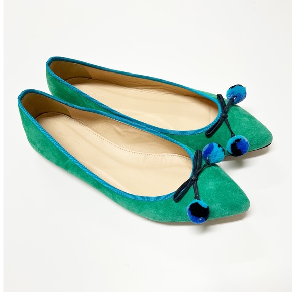 J Crew Green Suede Pom Pom Flats